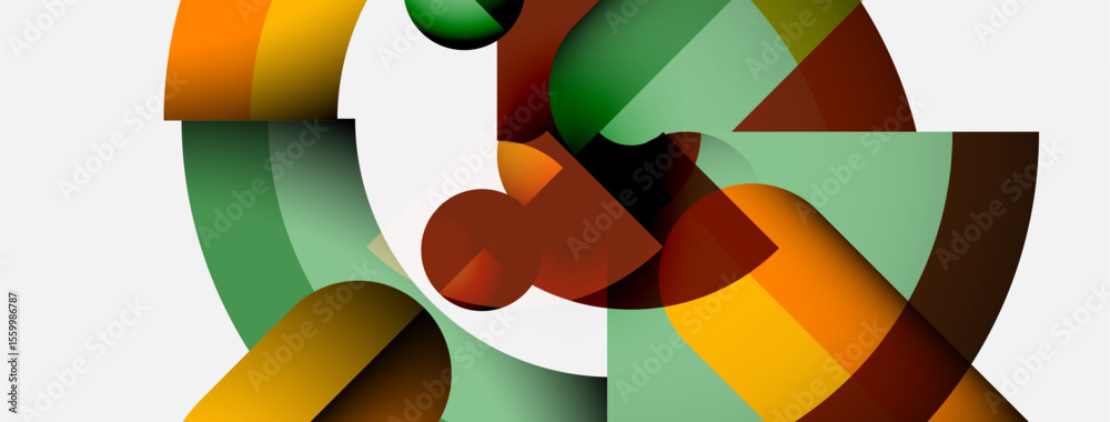 Leinwandbilder Abstract geometric composition. Shapes overlap, creating dynamic visual interest. Colors include orange, green, brown, yellow, white. Modern design.