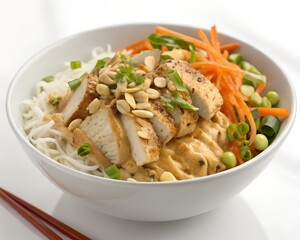 Thai Peanut Chicken Bowl Whole on White Background Real Photo