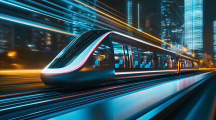 Sleek monorail glides through a futuristic cityscape, embodying advanced urban mobility and innovation.
