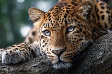 Naklejka premium Leopard resting on a tree branch in a lush green forest during daylight