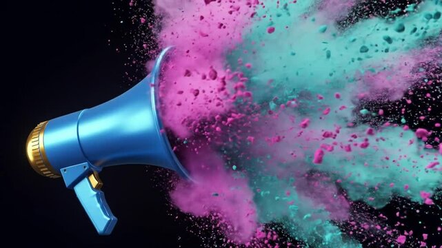 Blue megaphone emitting an explosion of pink and teal powder against a black background