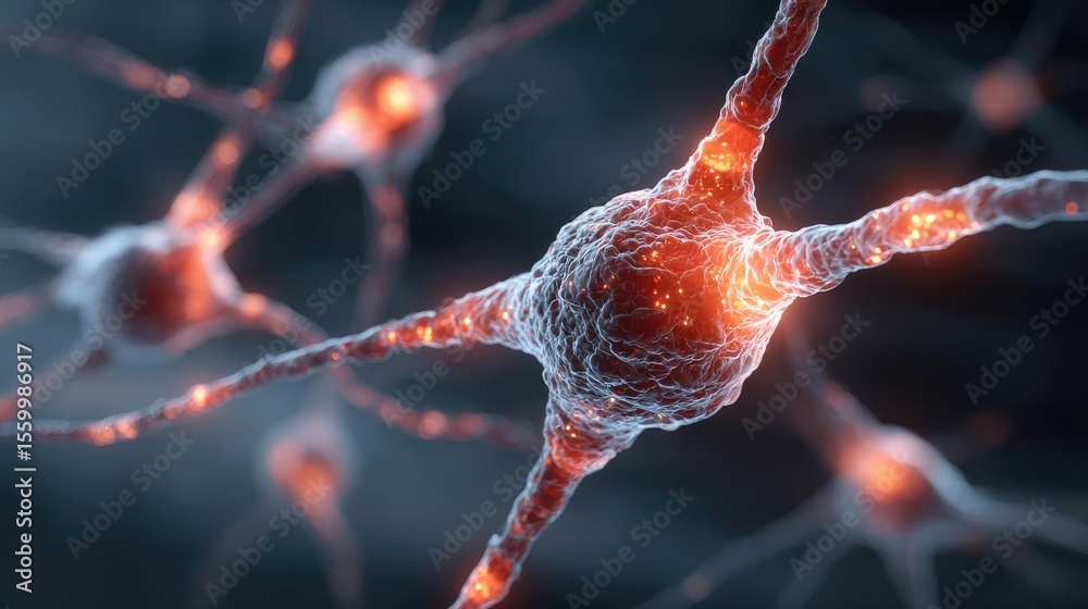 Aufkleber Neuro logic for adaptive neuron and biological concept. Close-up view of neurons with glowing connections and synapses.