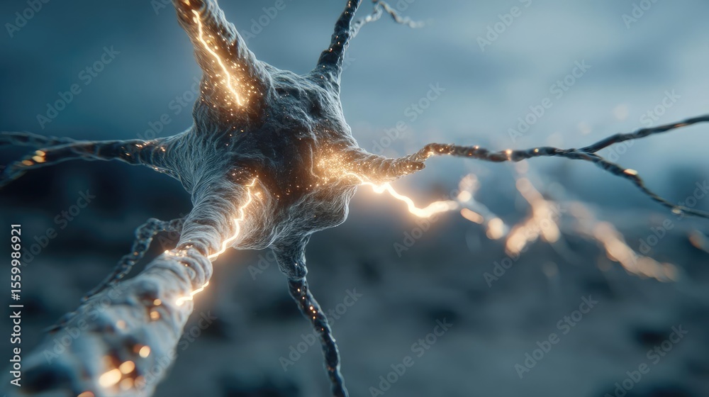 Aufkleber Neuro logic for adaptive neuron and biological concept. Close-up view of a neuron with glowing connections and details.
