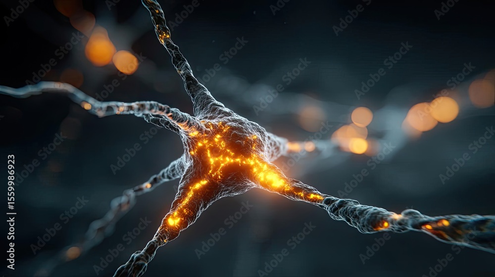 Poster Neuro logic for adaptive neuron and biological concept. Close-up view of a glowing neuron with intricate details.