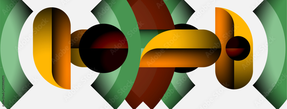 Poster abstract design features repeating circular shapes, brown, green, yellow hues. minimalist compositio