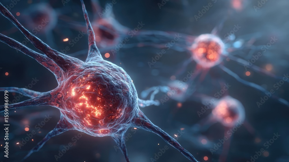 Poster neuro logic for adaptive neuron and biological concept. close-up of neurons exhibiting vibrant, glow