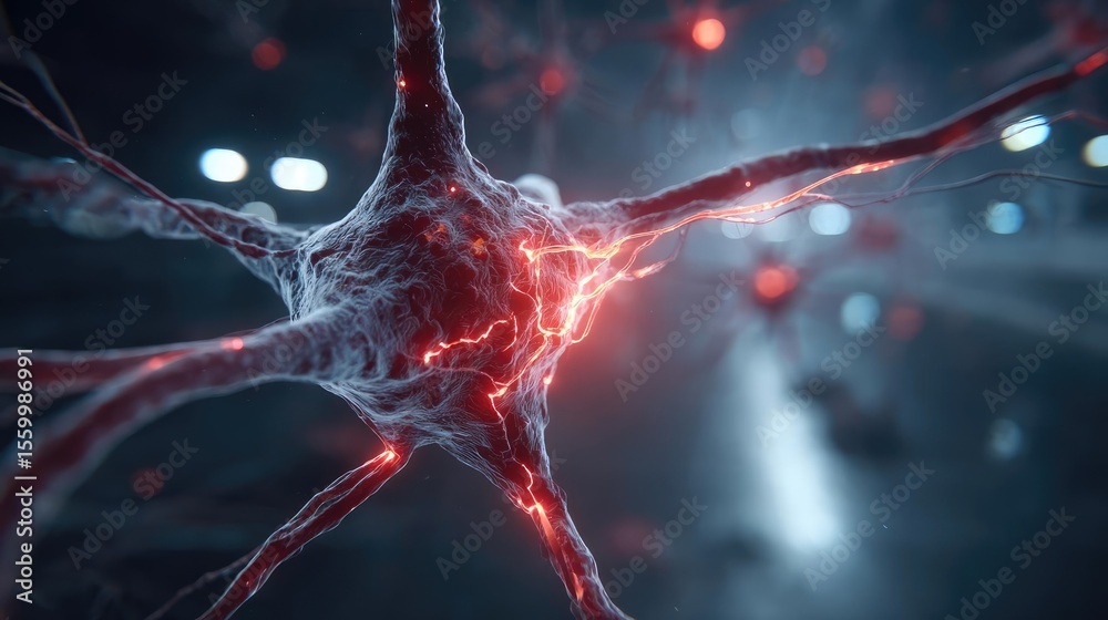 Aufkleber Neuro logic for adaptive neuron and biological concept. Close-up view of a neuron with glowing connections in 3D.