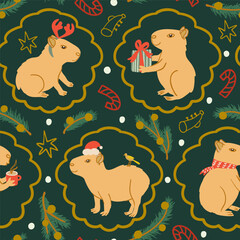 Cute festive capybaras seamless pattern. Funny Christmas animals pattern for paper, fabric design. Capybara with Santa hat, scarf, mug, antlers surrounded by pine branches, candy canes and stars.