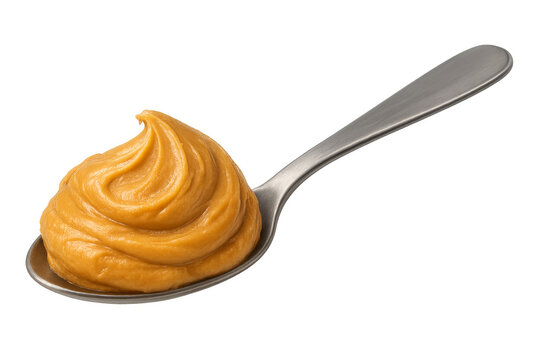 Spoon holding creamy peanut butter on transparent background