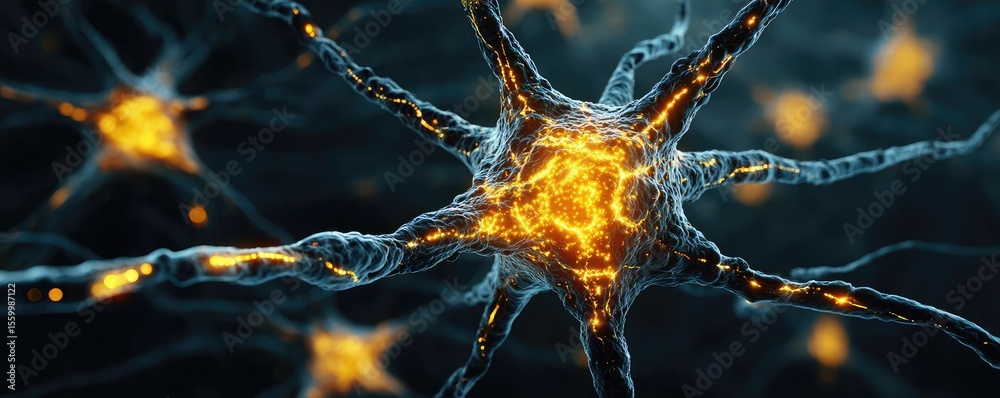 Aufkleber Neuro logic for adaptive neuron and biological concept. Detailed image of neuron cells with vibrant glowing connections.