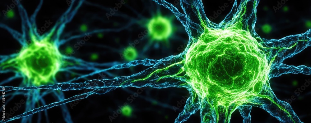 Aufkleber Neuro logic for adaptive neuron and biological concept. Close-up view of glowing green neurons on a dark background.