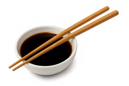 Chopsticks resting on bowl of soy sauce with transparent background
