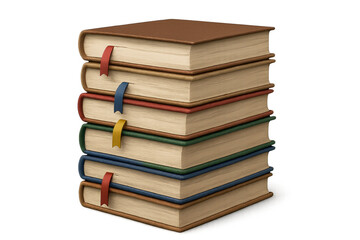Stack of colorful books with bookmarks on transparent background