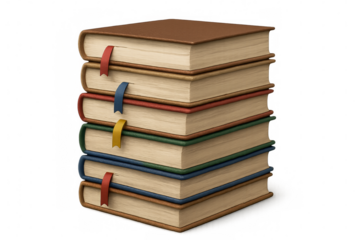 Stack of colorful books with bookmarks on transparent background