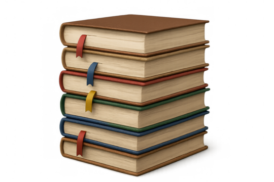Stack of colorful books with bookmarks on transparent background