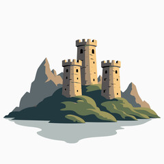 Cartoon Illustration of a Medieval Castle on a Hill with Mountains and Water Reflection