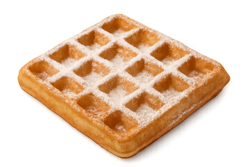 Delicious belgian waffle covered with powdered sugar on transparent background