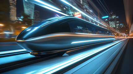 Sleek monorail glides through a futuristic cityscape, embodying advanced urban mobility and innovation.
