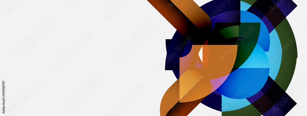 Poster abstract composition featuring layered circular shapes. colors include blue, orange, green, purple. 