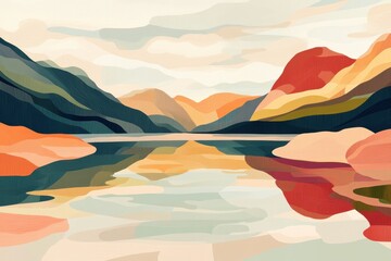 abstract nature scene featuring a serene lakeside view with abstract elements seamlessly integrated, using a flat color palette for clarity and focus, Serene lakeside view with abstract elements 