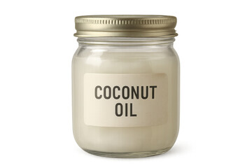 Glass jar containing coconut oil on transparent background
