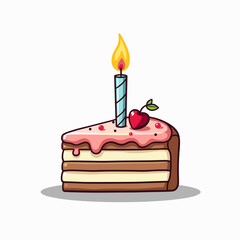 Illustration of a Slice of Birthday Cake with Pink Frosting, Cherry, and a Lit Candle, Cartoon Style
