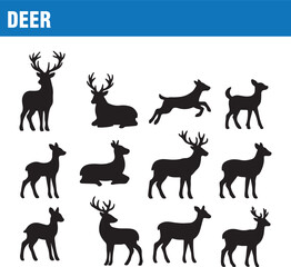 Fototapeta premium Deer Silhouette Icons Wildlife Vector Pack