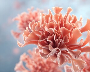 Close up of a pink oyster mushroom cluster with delicate ruffled edges against a soft blue background