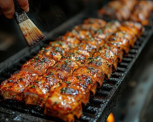 Grilled meat being brushed with sauce