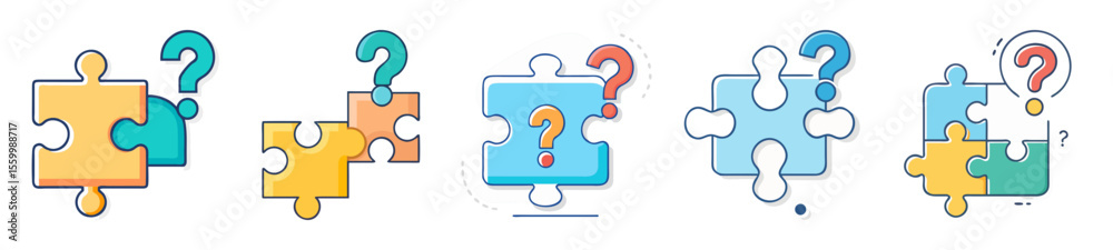 Poster colorful puzzle pieces with question marks, representing problem solving and uncertainties
