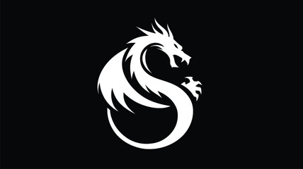 Naklejka premium Stylized white dragon curves on a black background, mythical creature art