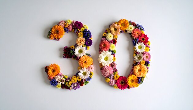 Number 30 made out of flowers with solid white background. Photo for thirtieth birthday or anniversary party