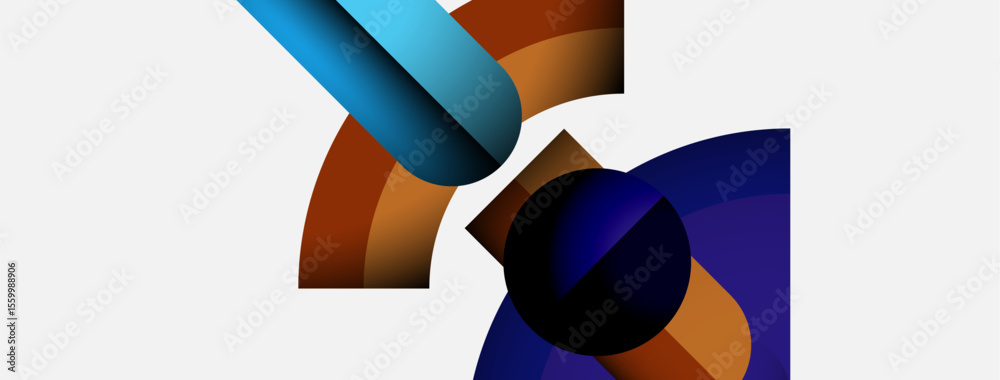 Poster abstract shapes overlap, creating dynamic composition. colors blendblues, oranges, dark toneson whit