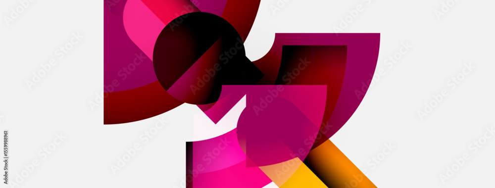 Poster abstract shapes overlap, creating vibrant pinks, reds, yellows. minimalist design with clean white b