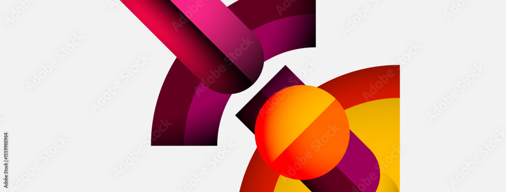 Poster Abstract shapes overlap, creating vibrant color gradients. Composition features curves, circles, warm tones, cool hues. Minimalist design.