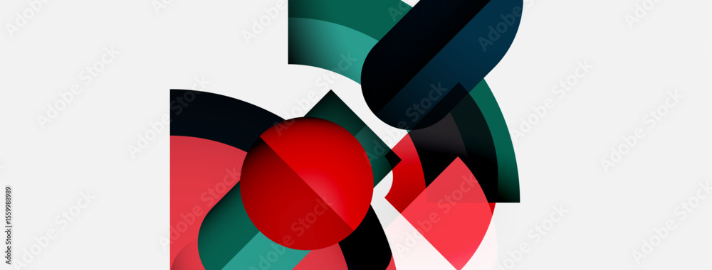 Poster abstract shapes overlap, creating dynamic composition. red sphere contrasts with teal, pink, black e