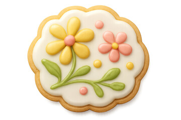 Delicious flower-shaped cookie decorated with icing flowers on transparent background
