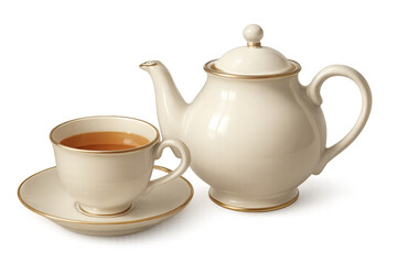 Porcelain teapot and teacup with gold trim on transparent background