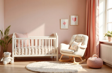 Cozy baby nursery with white crib and rocking chair in soft pink tones