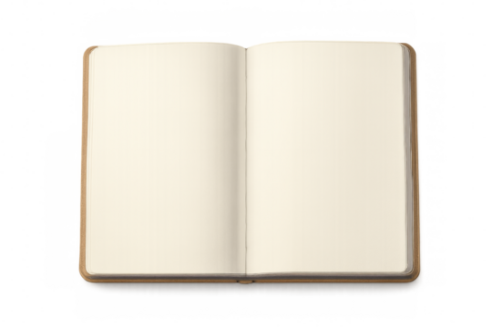 Open notebook mockup with blank pages on transparent background
