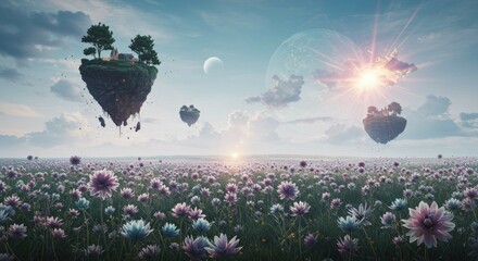 Floating Islands Above Flower Field with Magical Sky and Light