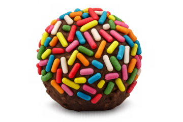Delicious chocolate cake pop covered with colorful sprinkles on transparent background