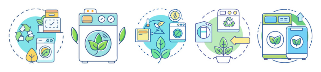 Icons depicting ecofriendly laundry and energy saving in laundry processes