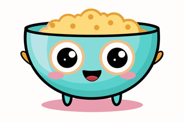 Colorful cartoon illustration of a blue bowl filled with golden cereal rings, isolated on a white background.