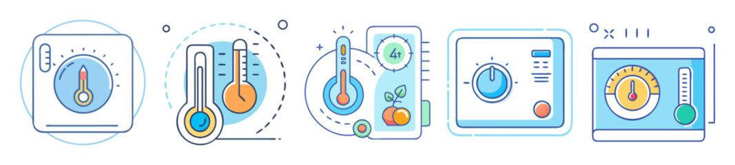 Colorful Icons of Temperature Controllers and Thermometers Showing Different Temperature Levels