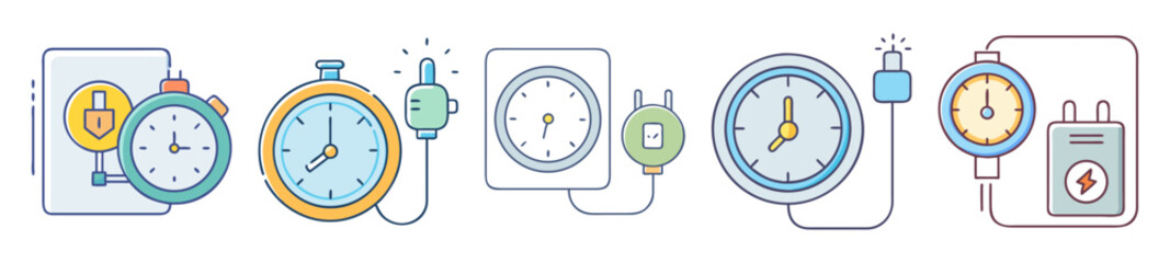 Collection of stylized clocks and power cords signifying charging and time