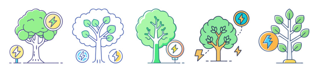 Trees linked with electricity and renewable energy in simple vector illustrations