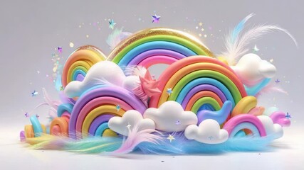 Animating pastel rainbow arches rising in studio, with cloud puffs, drifting feathers and glitter - Powered by Adobe