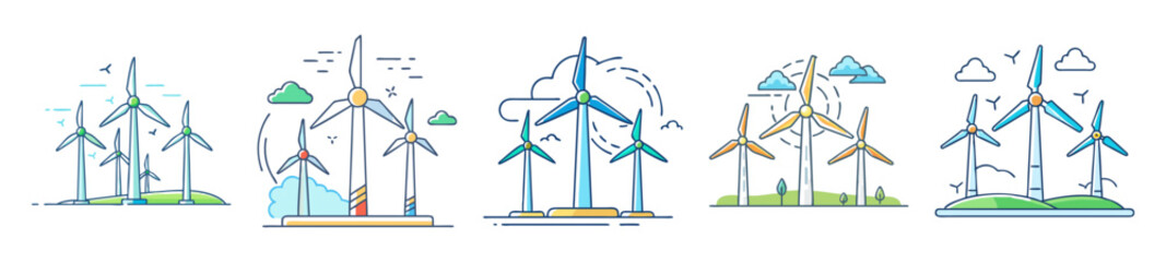 Collection of Colorful Wind Turbine Illustrations for Green and Clean Energy