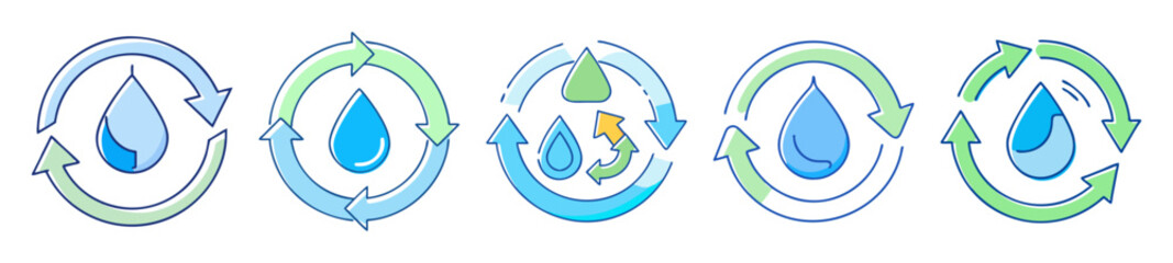Diverse Water Cycle and Reuse Icons with Circular Arrows Showing the Process